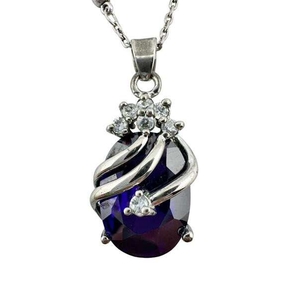 18K GP Purple Glass Oval Cubic Zirconia Cluster Accent Silver Tone 18" Necklace - Picture 1 of 5